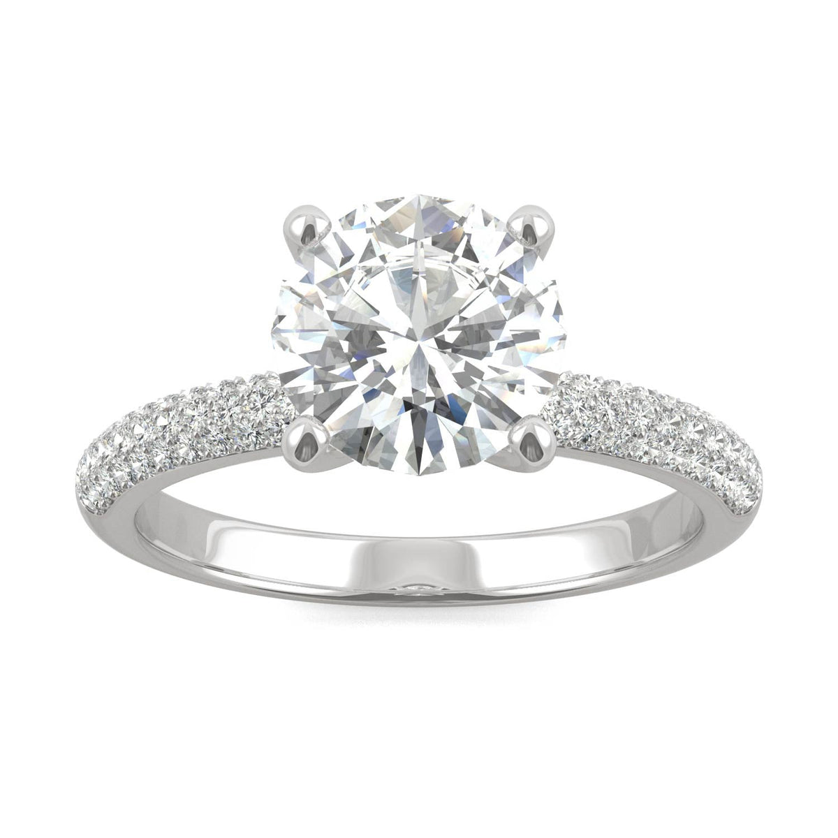 2.11 CTW DEW Round Moissanite Pavé Side-Stone Engagement Ring in 14K White Gold