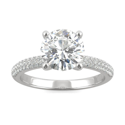 2.11 CTW DEW Round Moissanite Pavé Side-Stone Engagement Ring in 14K White Gold