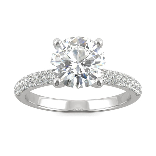 2.11 CTW DEW Round Moissanite Pavé Side-Stone Engagement Ring in 14K White Gold