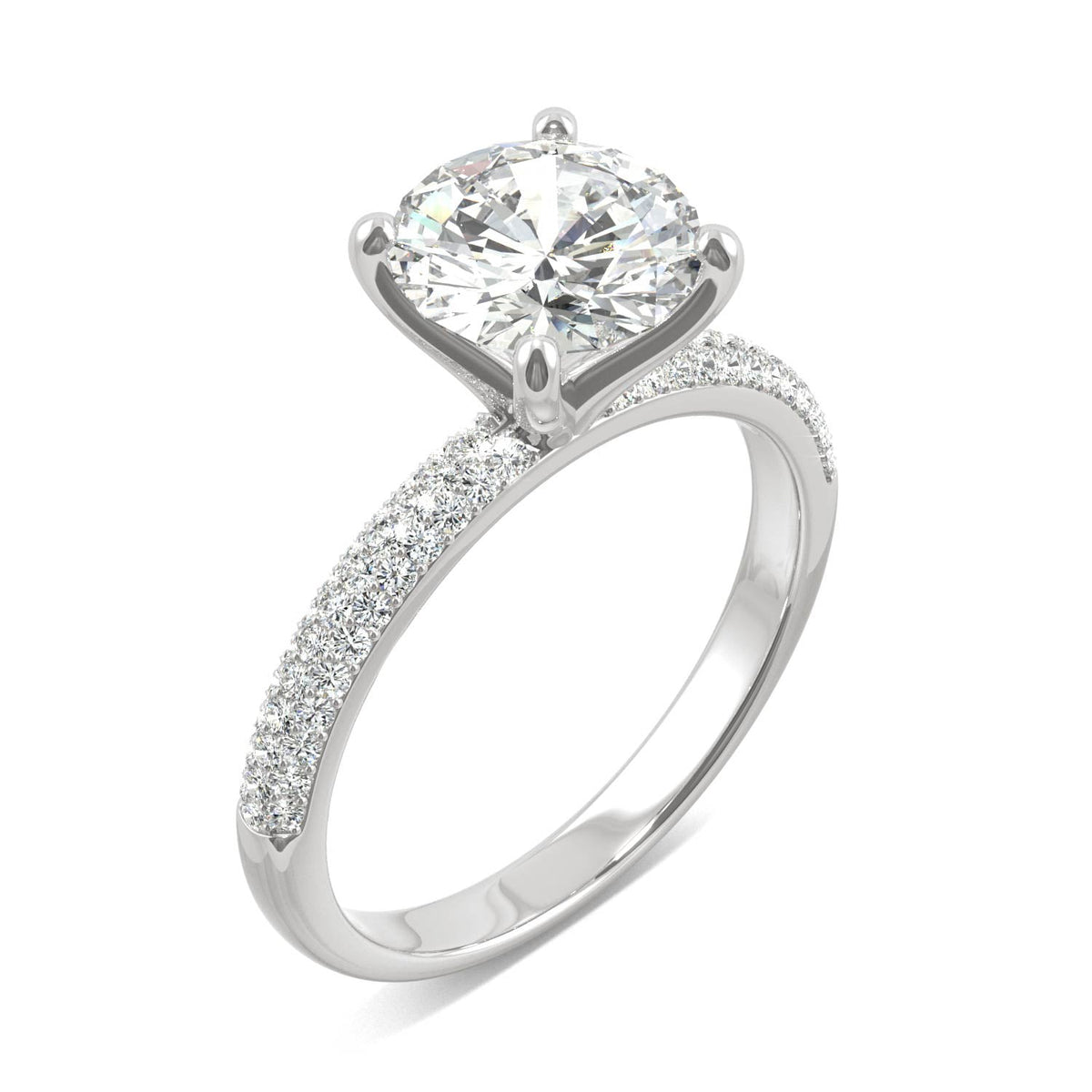 2.11 CTW DEW Round Moissanite Pavé Side-Stone Engagement Ring in 14K White Gold