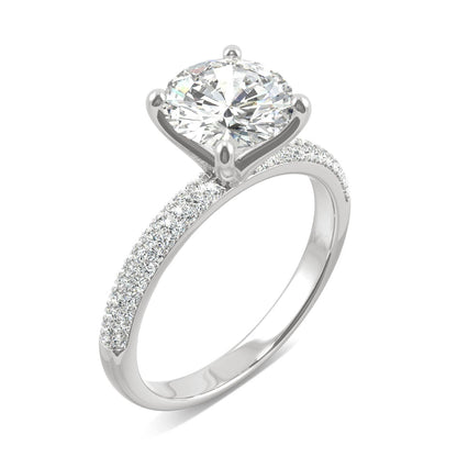 2.11 CTW DEW Round Moissanite Pavé Side-Stone Engagement Ring in 14K White Gold