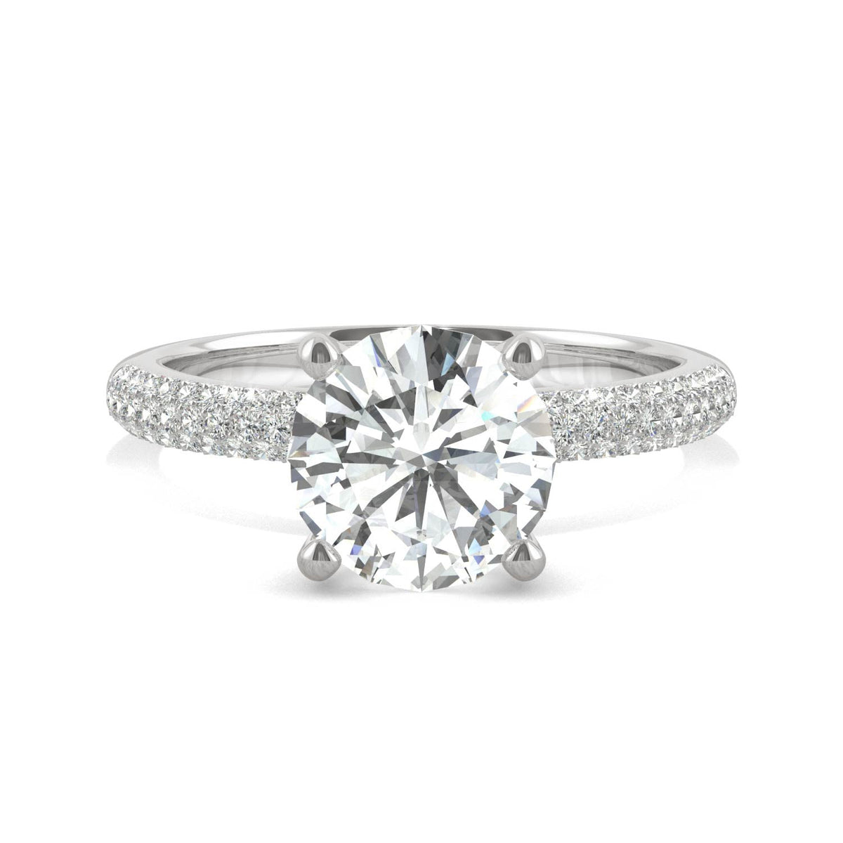 2.11 CTW DEW Round Moissanite Pavé Side-Stone Engagement Ring in 14K White Gold