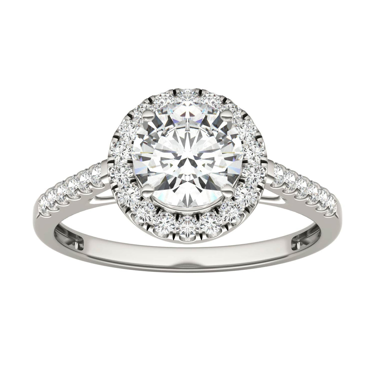 1.45 CTW DEW Round Moissanite Accented Halo Engagement Ring in 14K White Gold