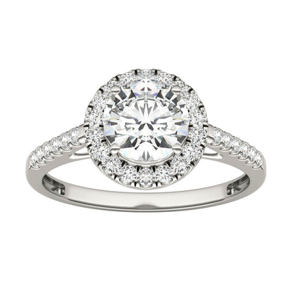 1.45 CTW DEW Round Moissanite Accented Halo Engagement Ring in 14K White Gold