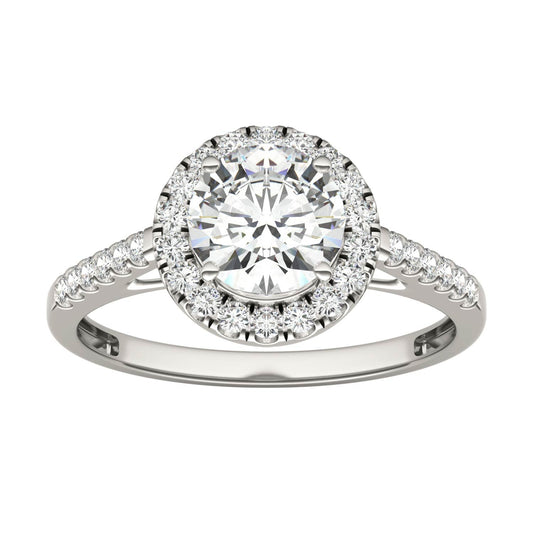 1.45 CTW DEW Round Moissanite Accented Halo Engagement Ring in 14K White Gold