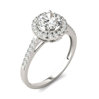 1.45 CTW DEW Round Moissanite Accented Halo Engagement Ring in 14K White Gold