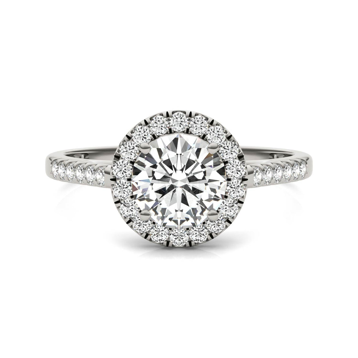 1.45 CTW DEW Round Moissanite Accented Halo Engagement Ring in 14K White Gold