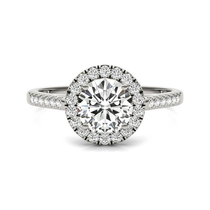 1.45 CTW DEW Round Moissanite Accented Halo Engagement Ring in 14K White Gold