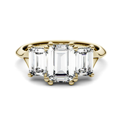 2.91 CTW DEW Emerald Moissanite Three-Stone Engagement Ring in 14K Yellow Gold
