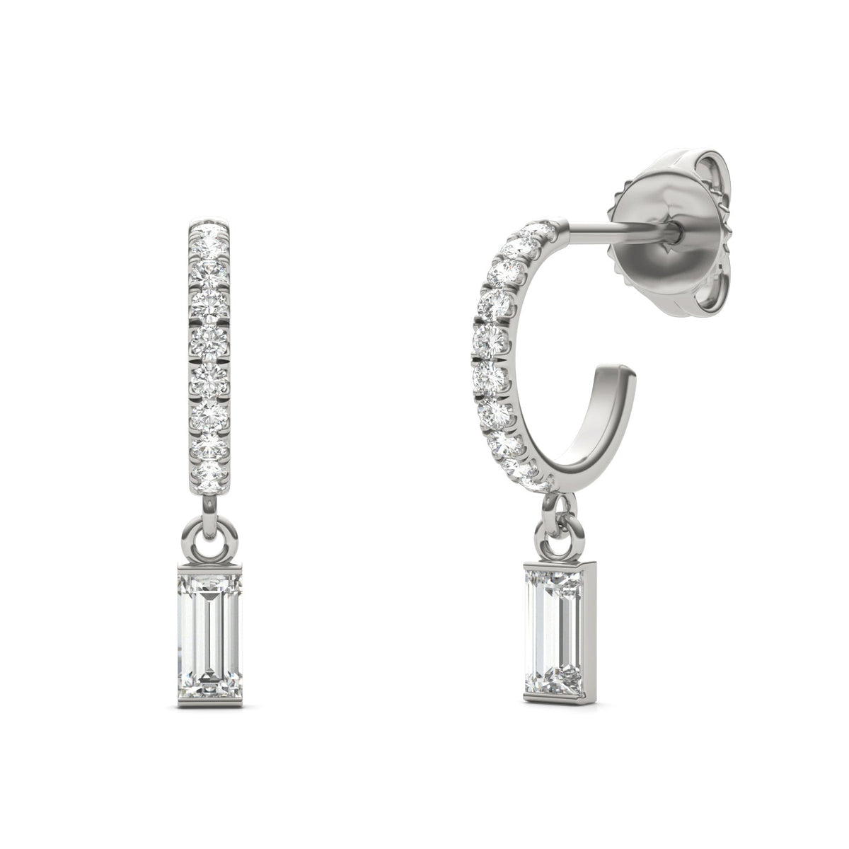 0.37 CTW DEW Straight Baguette Moissanite Hoop Earrings in 14K White Gold