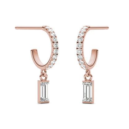 0.37 CTW DEW Straight Baguette Moissanite Huggie Drop Earrings in 14K Rose Gold