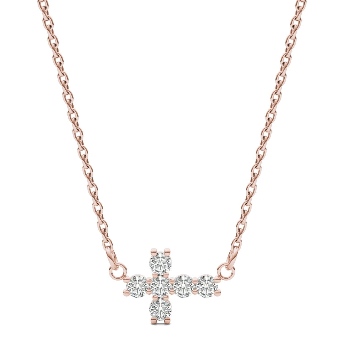 0.18 CTW DEW Round Moissanite Fixed Cross Necklace in 14K Rose Gold