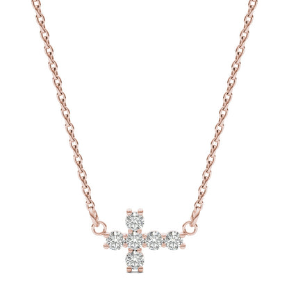 0.18 CTW DEW Round Moissanite Fixed Cross Necklace in 14K Rose Gold