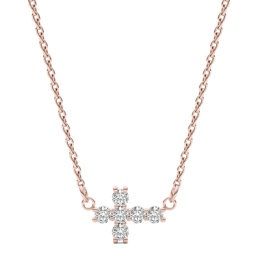 0.18 CTW DEW Round Moissanite Fixed Cross Necklace in 14K Rose Gold