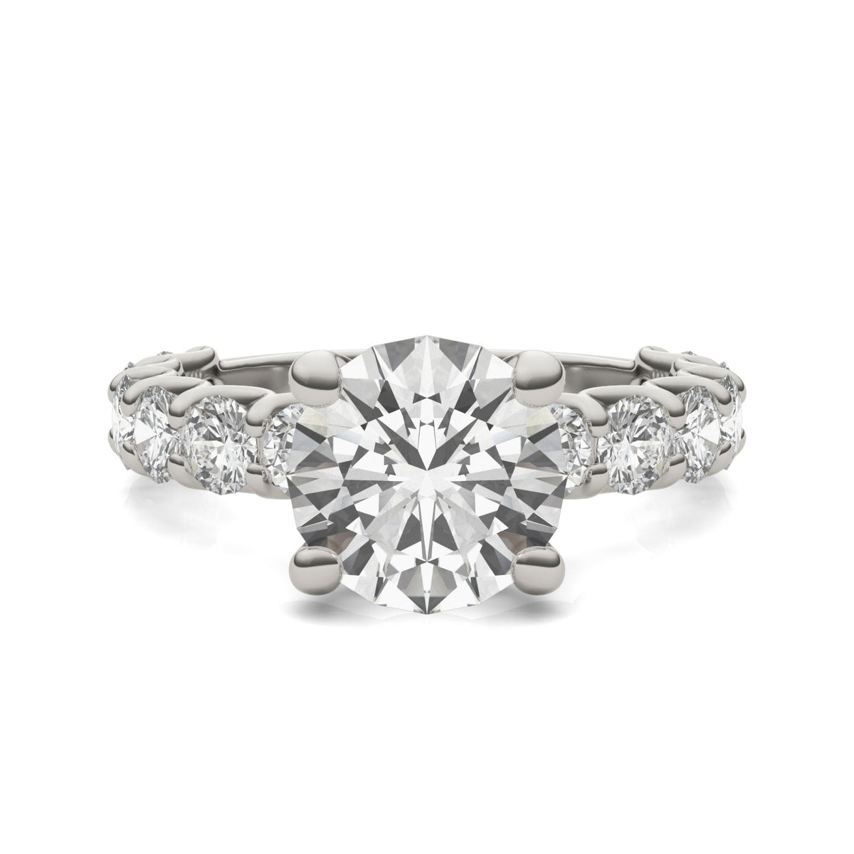 3.76 CTW DEW Round Moissanite Trellis Side-Stone Ring in 14K White Gold