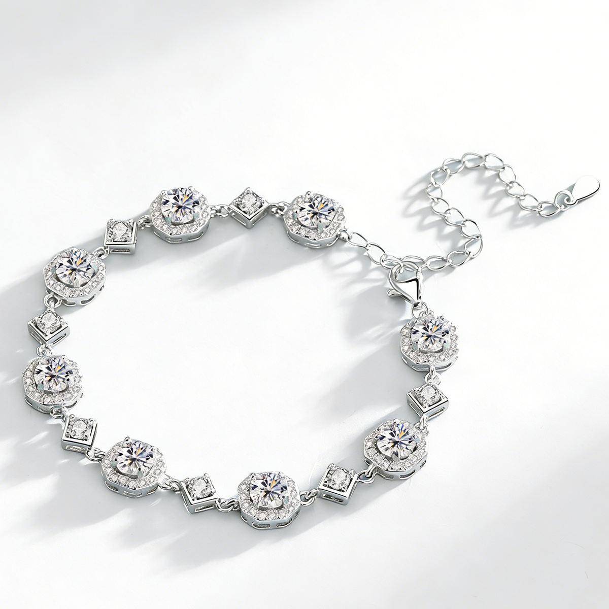 4CT Moissanite Square Bracelet + S925 Sterling Silver  Adjustable 21cm  Chain 8 Colors