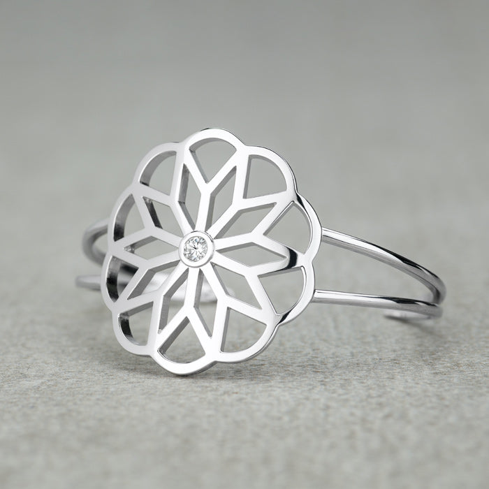 0.23 CTW DEW Moissanite Bezel Floral Cuff Bracelet in Sterling Silver