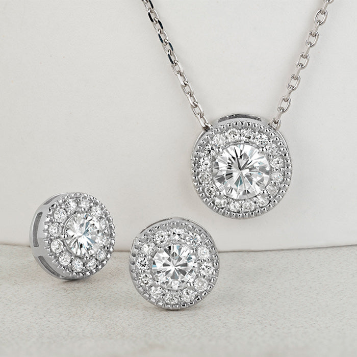 1.96 CTW DEW Round Moissanite Halo Earring & Pendant Set in Sterling Silver