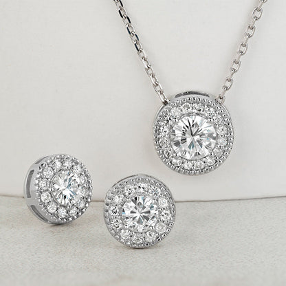 1.96 CTW DEW Round Moissanite Halo Earring & Pendant Set in Sterling Silver