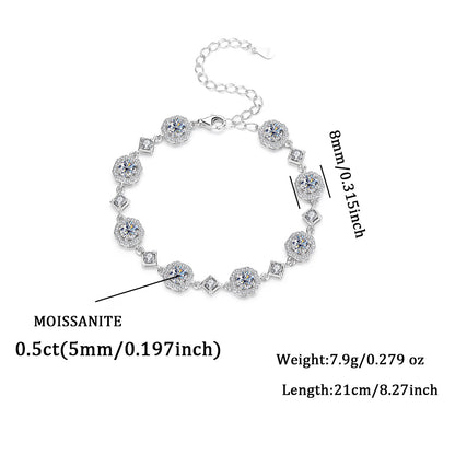 4CT Moissanite Square Bracelet + S925 Sterling Silver  Adjustable 21cm  Chain 8 Colors
