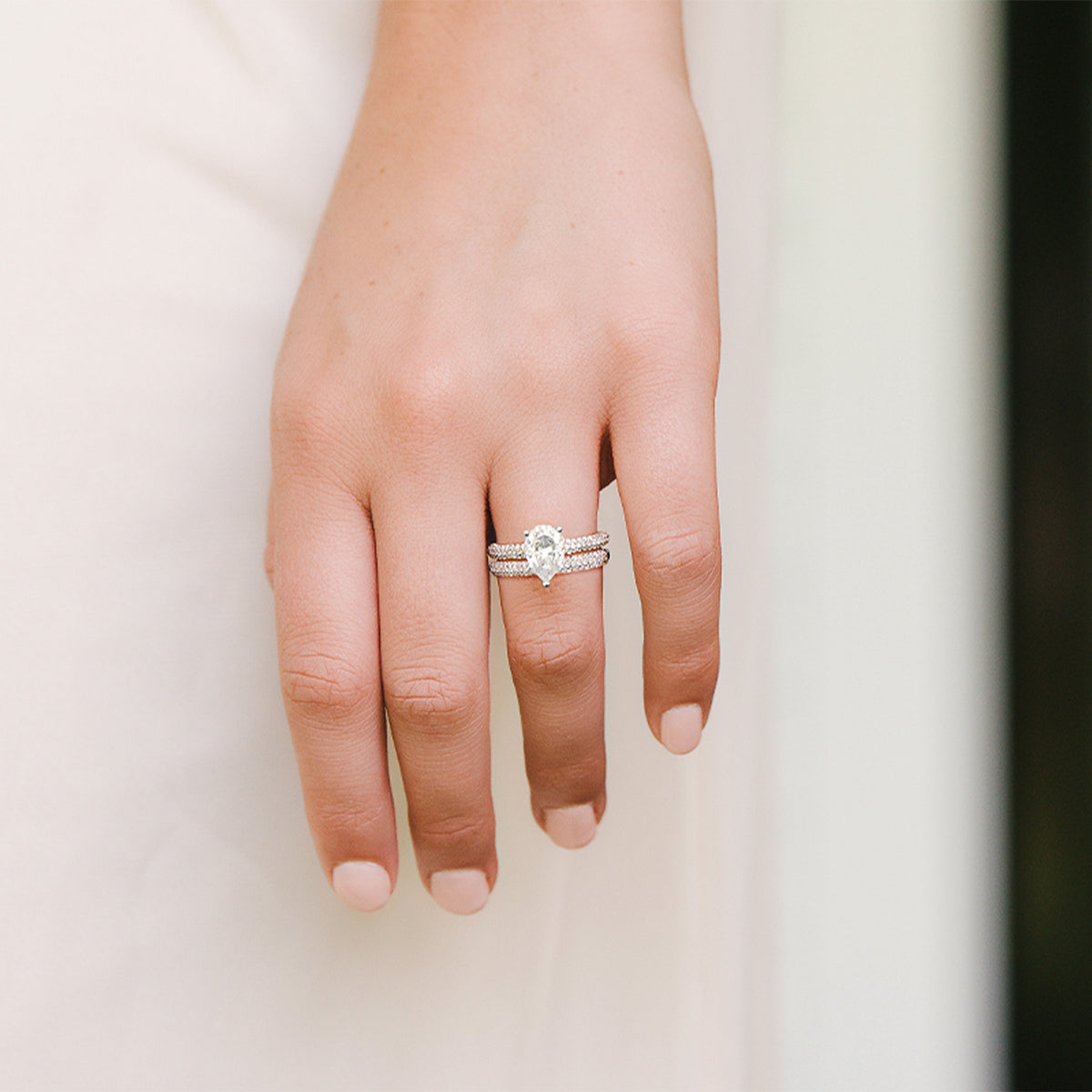 2.54 CTW DEW Pear Side-Stone Pavé Moissanite Bridal Set in 14K White Gold