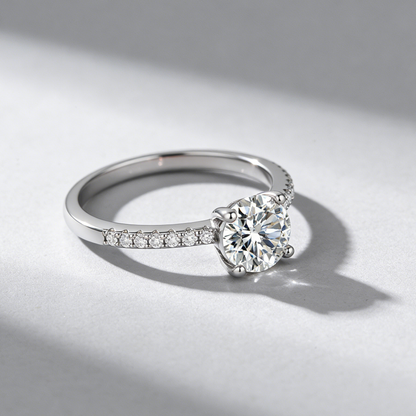 D-Color Moissanite Ring for Women, 925 Sterling Silver 4-Prong Solitaire with Micro-Pave Band, Luxury Ring for Her