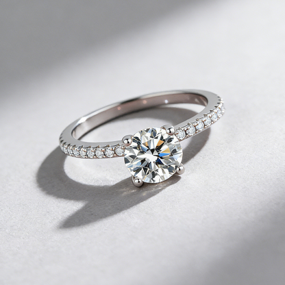 D-Color Moissanite Ring for Women, 925 Sterling Silver 4-Prong Solitaire with Micro-Pave Band, Luxury Ring for Her