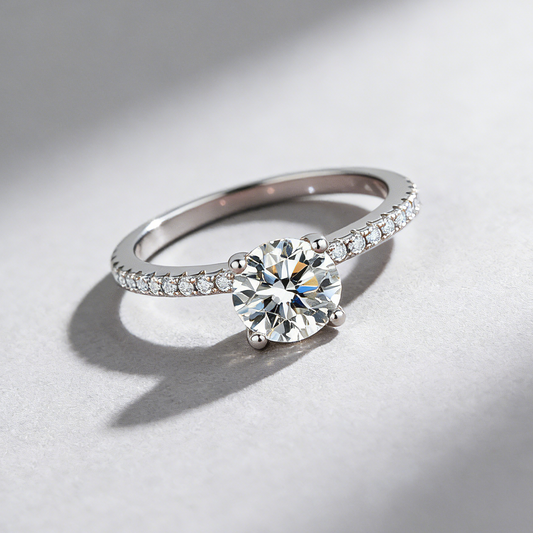 D-Color Moissanite Ring for Women, 925 Sterling Silver 4-Prong Solitaire with Micro-Pave Band, Luxury Ring for Her