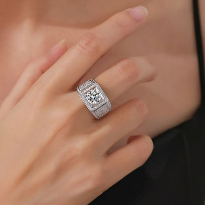 Men’s Square Moissanite Statement Ring, 925 Sterling Silver, Bold & Luxurious Business Jewelry for Men